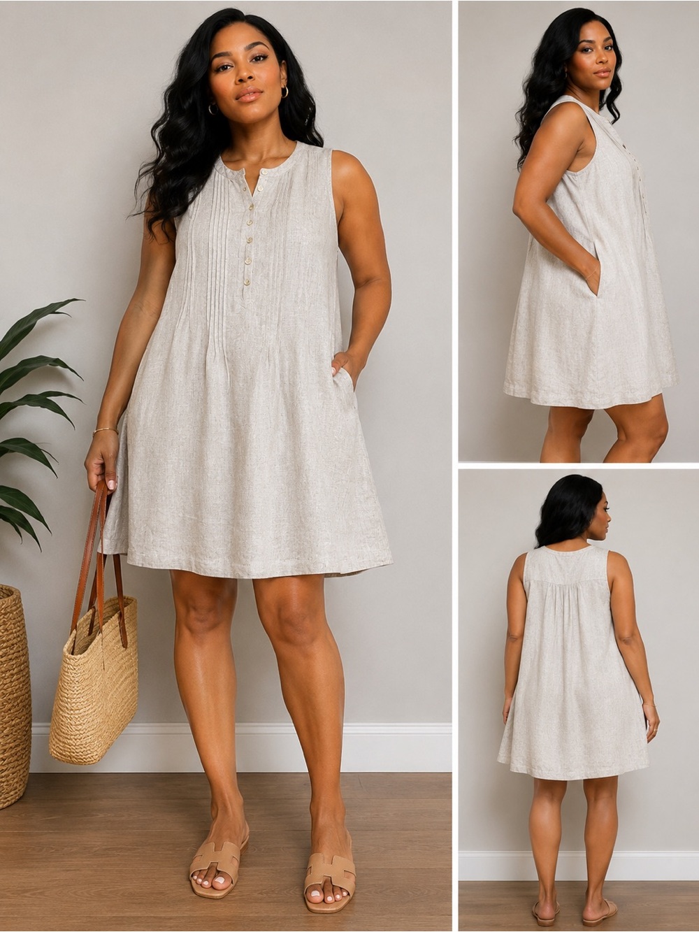 Quince 100% European Linen Sleeveless Swing Dress Pockets Large Neutral